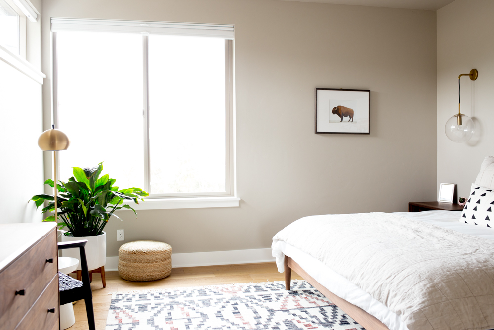 bison print on wall in modern bedroom 