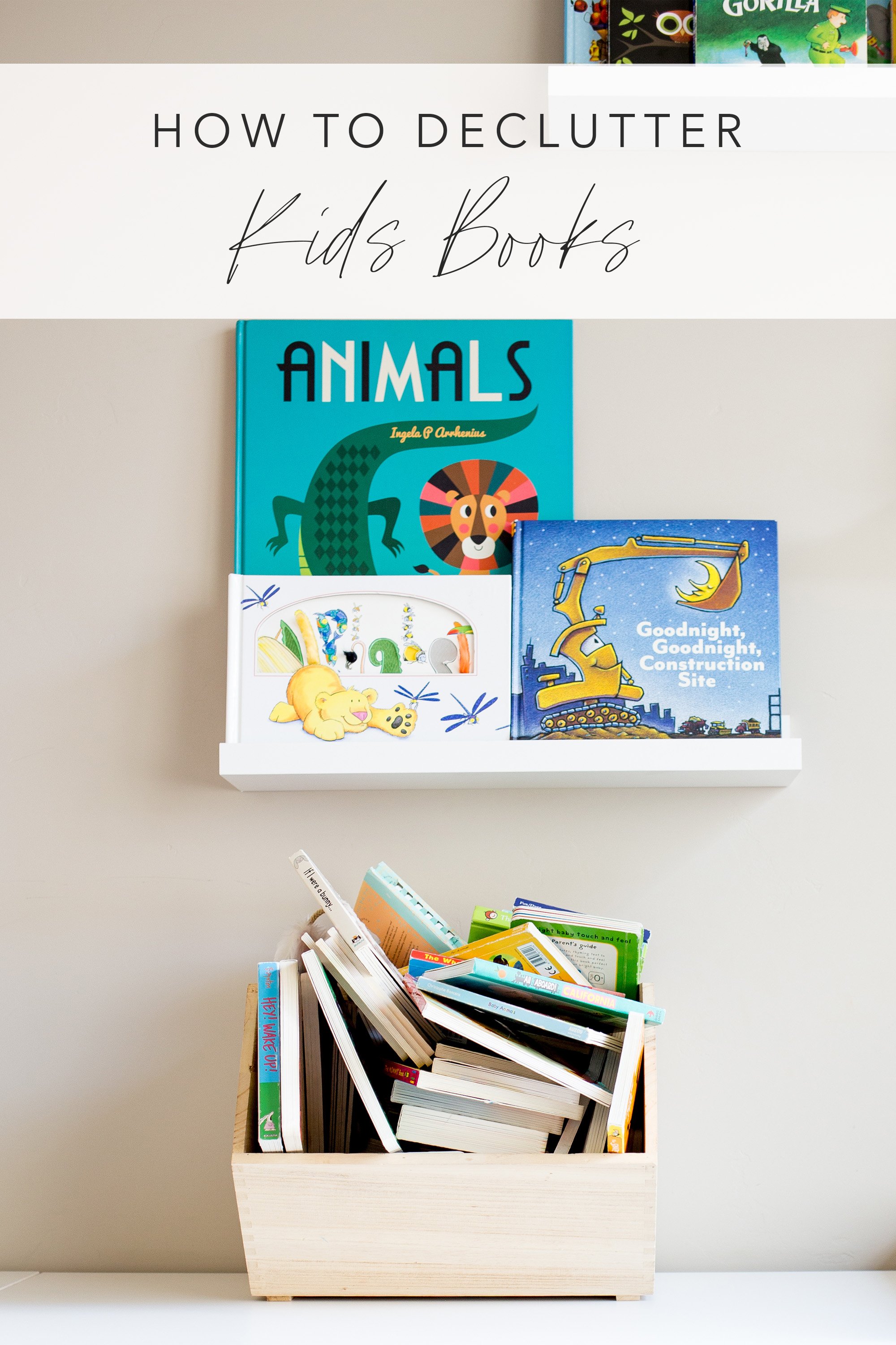 how to declutter kids books image with text