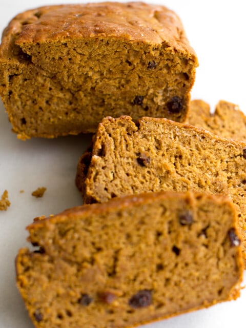 Closeup of a sliced pumpkin banana bread