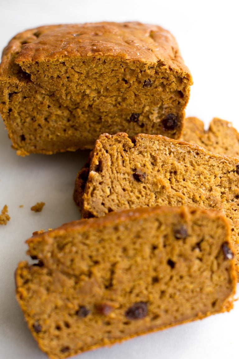 Closeup of a sliced pumpkin banana bread