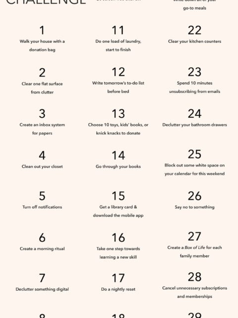 pinterest image for 30 day minimalism challenge with 30 different simplifying tasks and title text