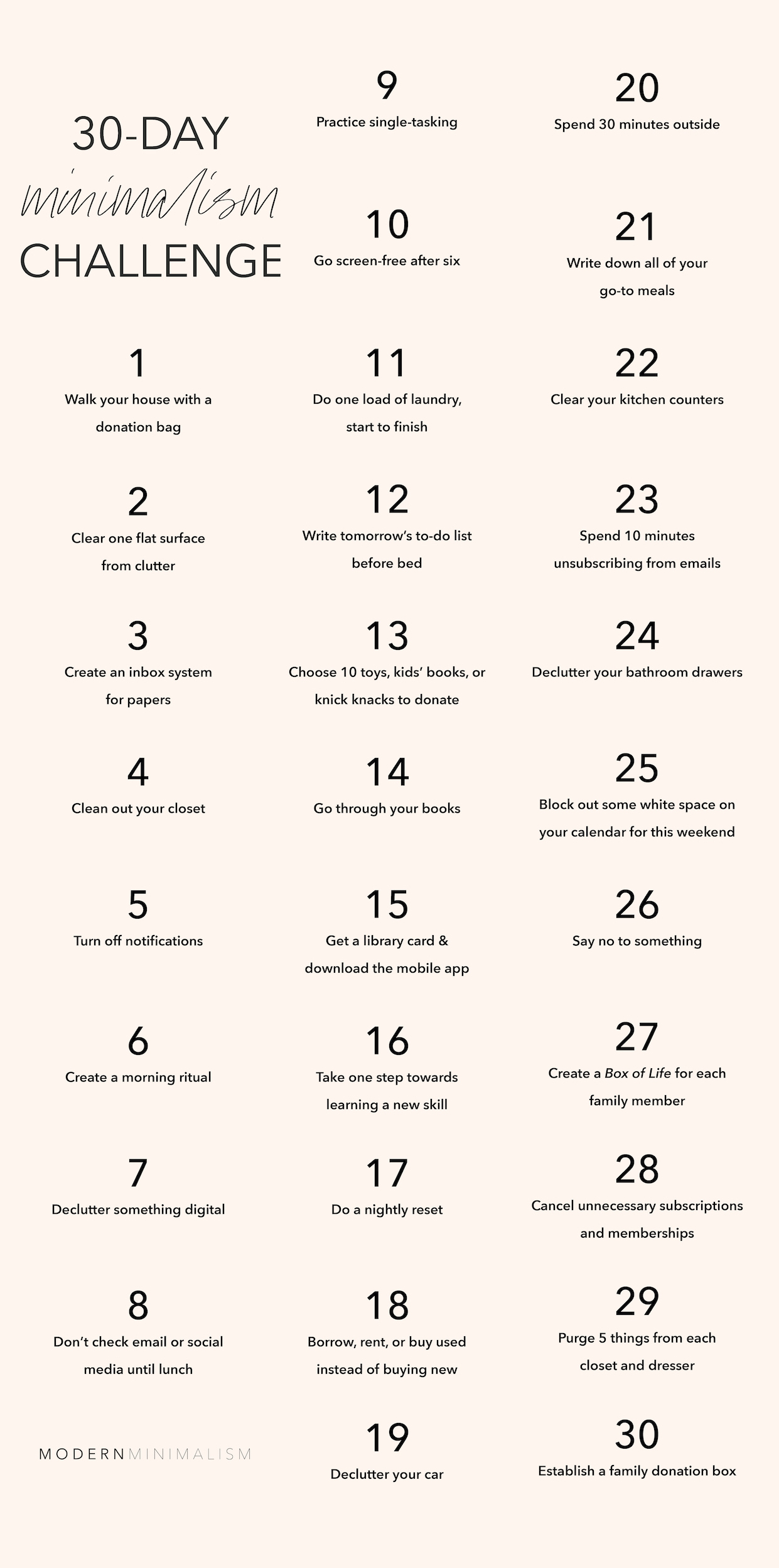 pinterest image for 30 day minimalism challenge with 30 different simplifying tasks and title text