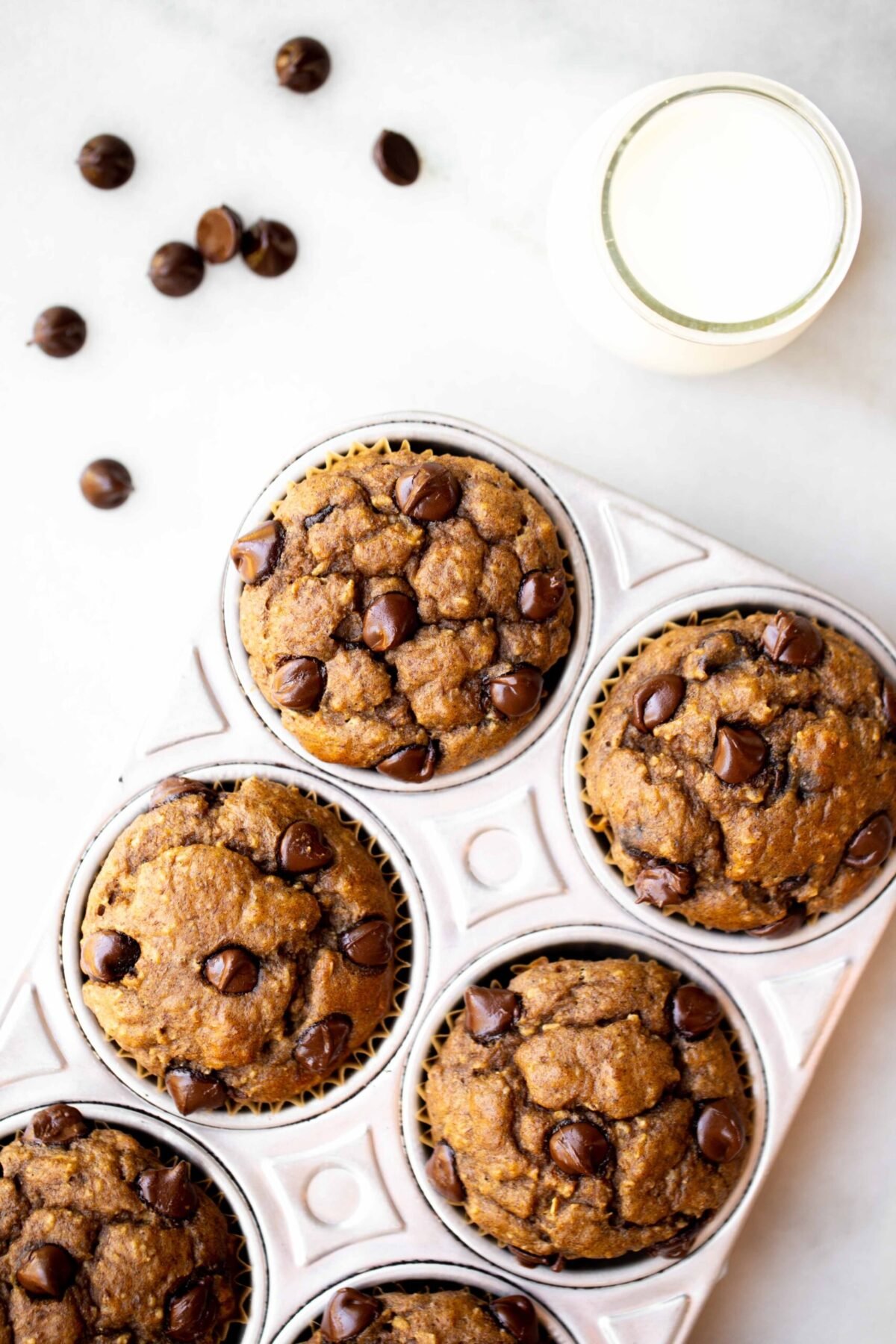 overhead photo of freshly baked chocolate chip banana muffins in an aluminum muffin pan with milk and chocolate chips in the background