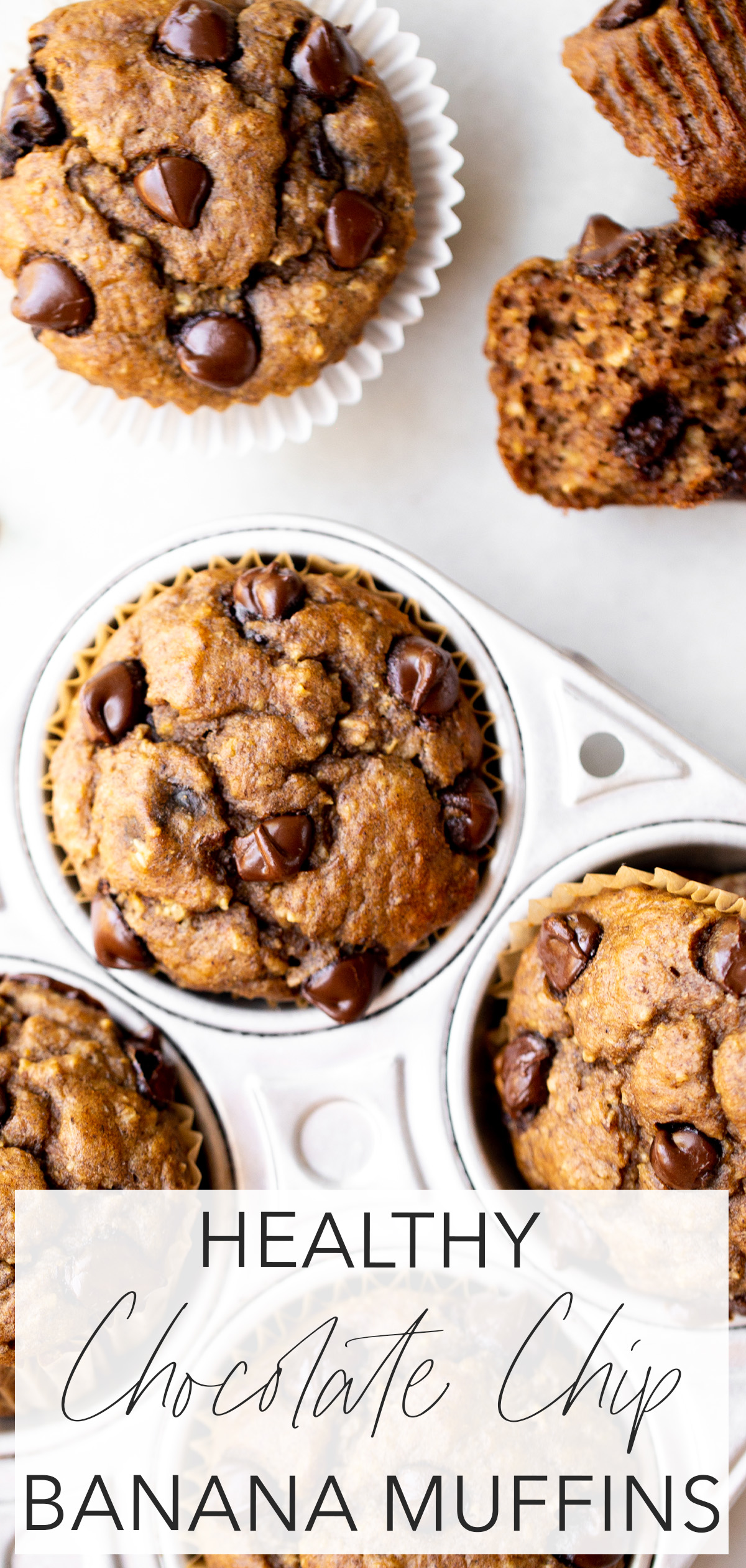 overhead photo of healthy chocolate chip banana muffins in a pan with melted chocolate chips and title text overlay