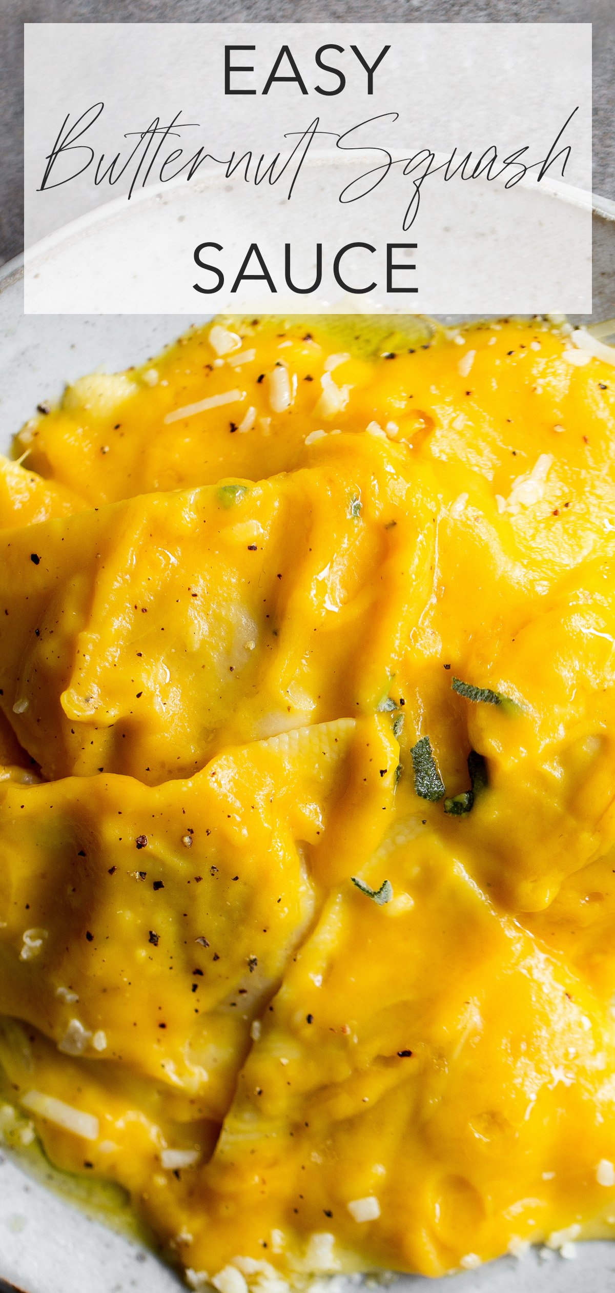overhead of ravioli bathed in a smooth butternut squash sauce with black pepper and crispy sage with title text overlay