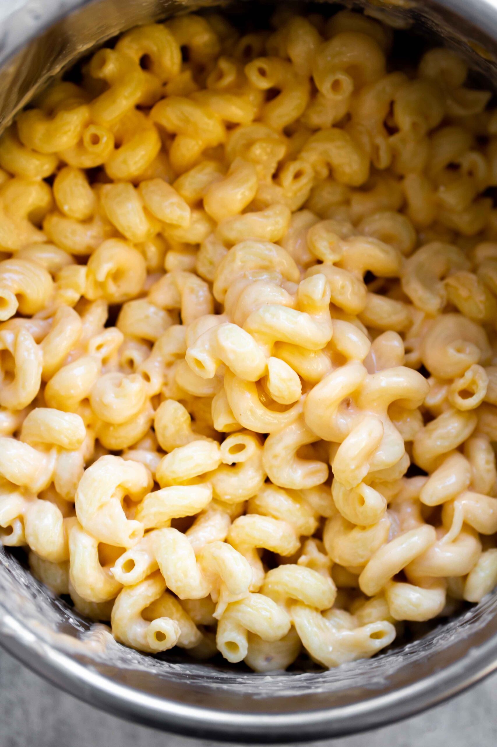 overhead photo of a creamy instant pot mac and cheese recipe in the instant pot