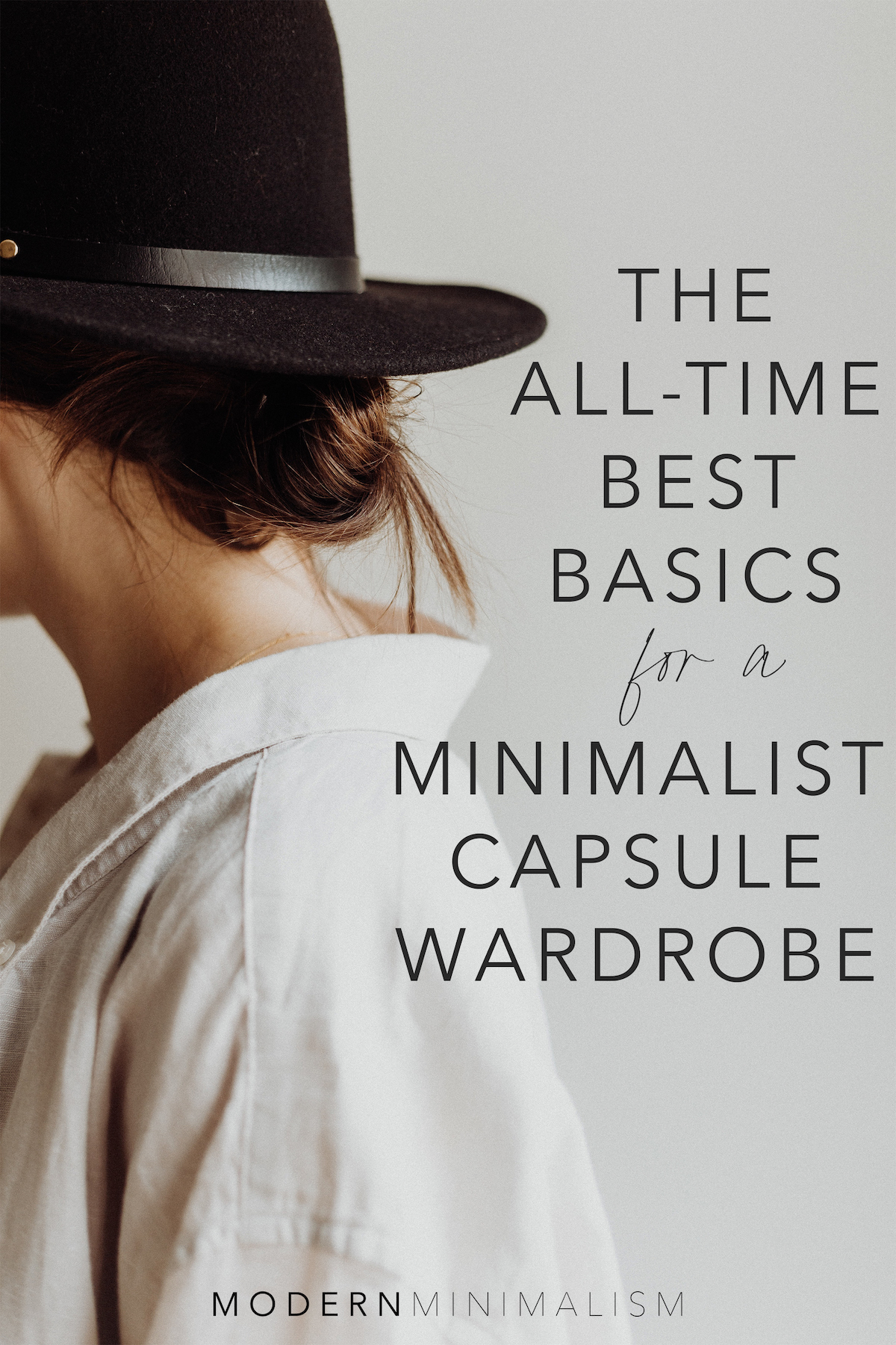 Side view of a woman in minimalist linen shirt and black hat with title text overlay for a minimalist wardrobe checklist