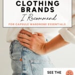 Minimalist Pinterest pin featuring a woman in a white blouse and blue jeans with text referencing the 30 of the best minimalist clothing brands for women.