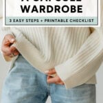 A minimalist capsule wardrobe outfit featuring a cream ribbed sweater and light-wash jeans, with text overlay about building a capsule wardrobe for women.