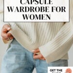 A minimalist capsule wardrobe outfit featuring a cream ribbed sweater and light-wash jeans, with text overlay about building a capsule wardrobe for women.