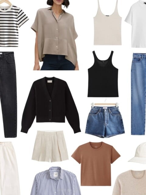 Capsule wardrobe outfit ideas arranged by style and color.