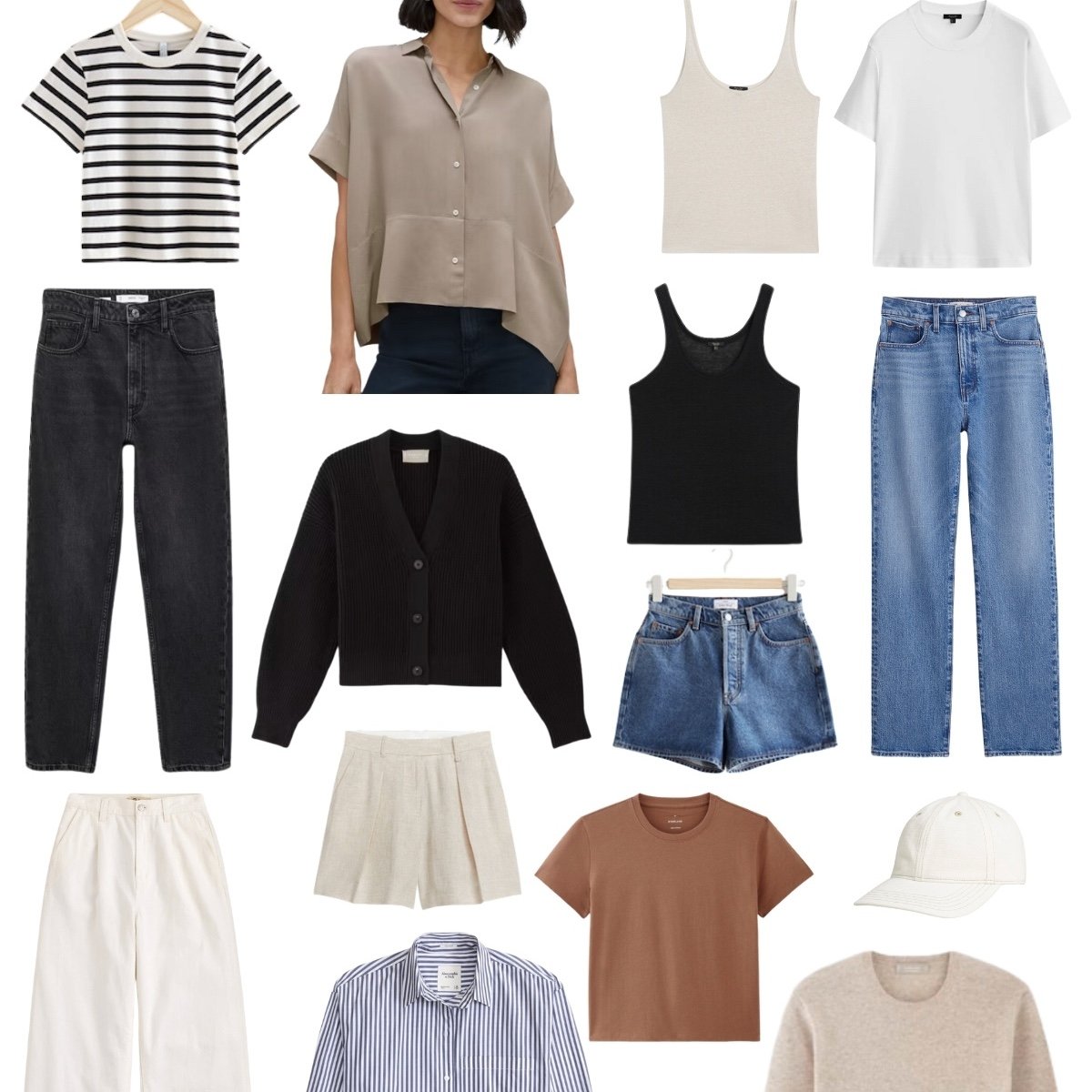 Capsule wardrobe outfit ideas arranged by style and color.