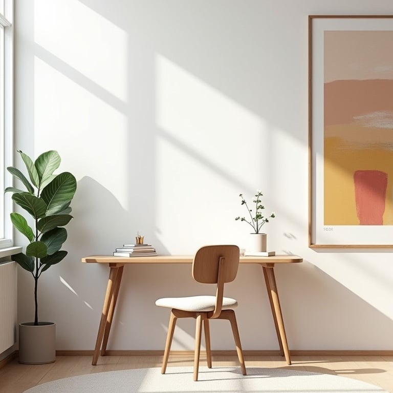 Bright home office setup with wooden desk and plant.